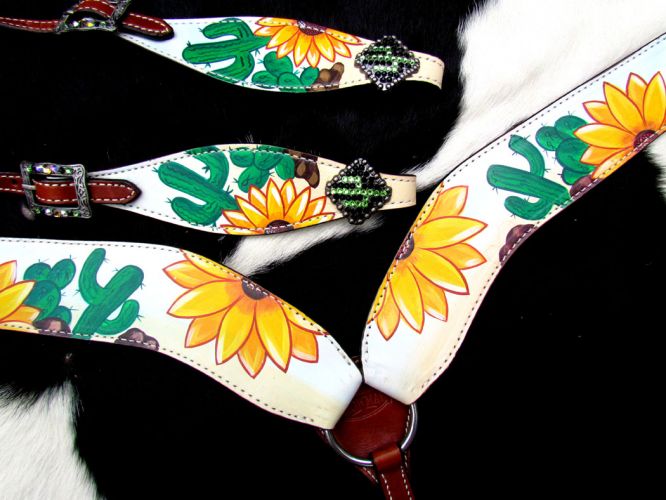 Showman Hand Painted Sunflower and Cactus Print One Ear Headstall and Breastcollar Set #2